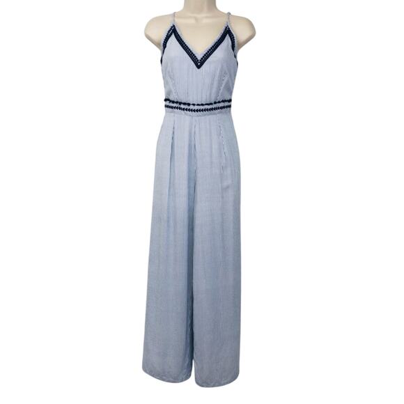 Japna Trendy Blue White Stripe Jumpsuit Dainty Embroidery Wide Leg Palazzo Style - Picture 16 of 16